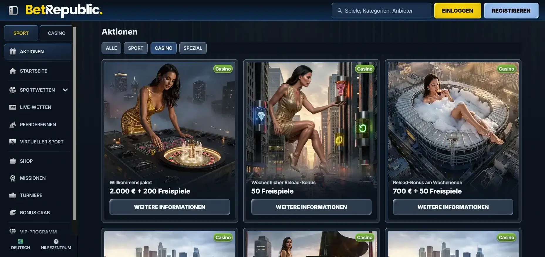 BetRepublic Casino Aktionen mit Willkommenspaket und Reload-Boni