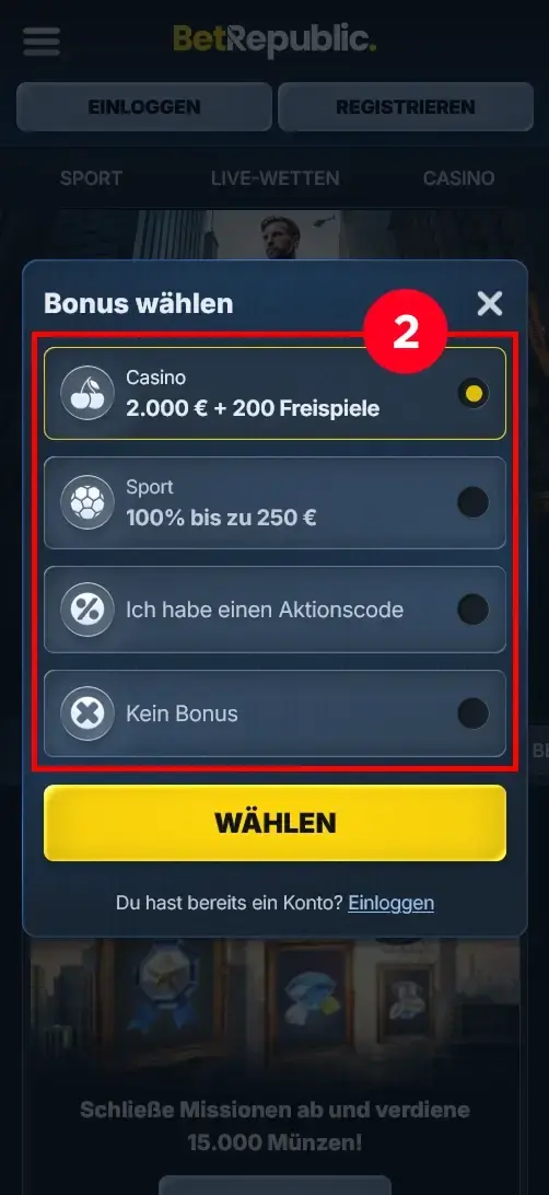 Republic Casino Bonusauswahl bei der Registrierung