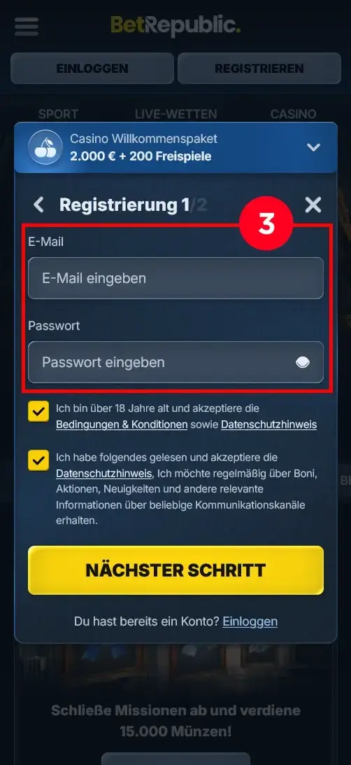 BetRepublic Casino Registrierung E-Mail und Passwort eingeben