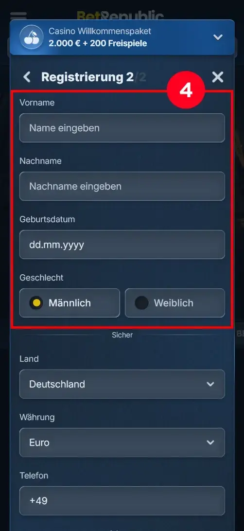 BetRepublic Casino Registrierung persoenliche Daten eingeben