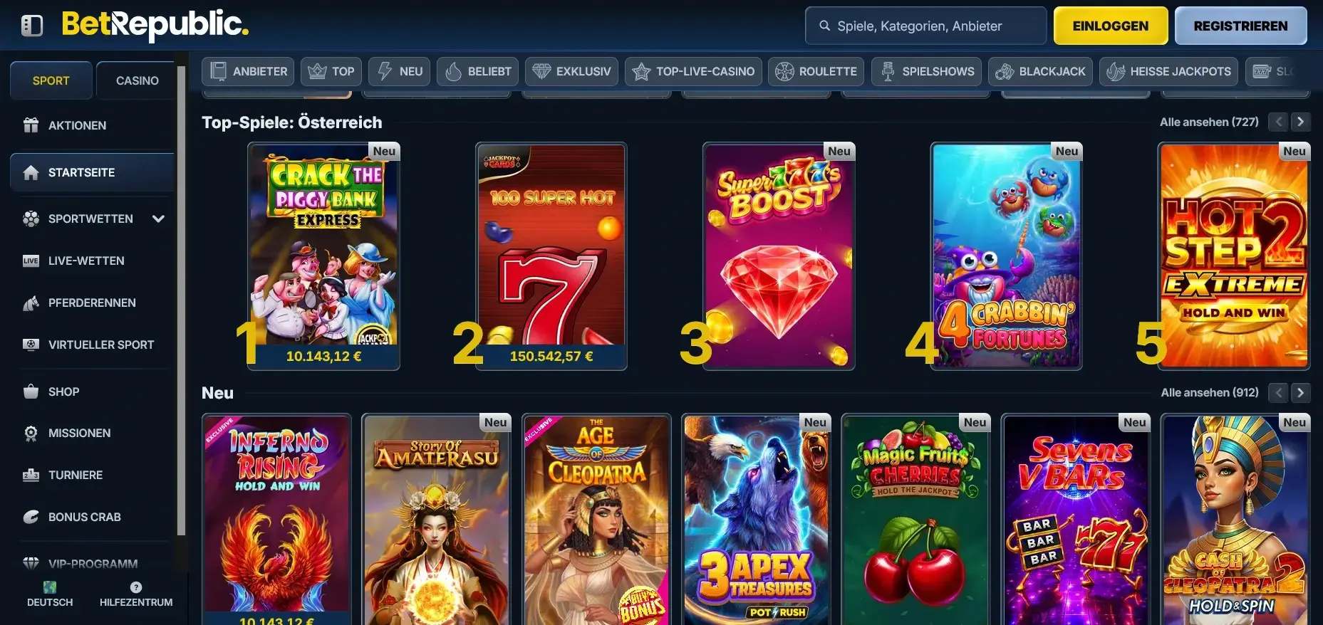 BetRepublic Casino Spiellobby mit Top-Spielen