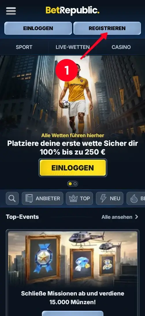 BetRepublic Casino Startseite mit Registrieren-Button