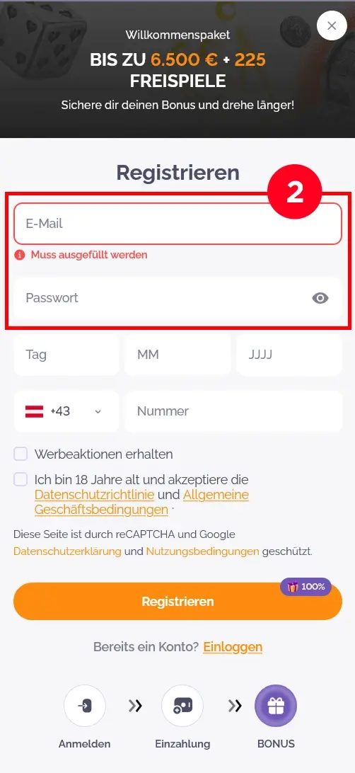 Boho Casino Anmeldung mit E-Mail und Passwort