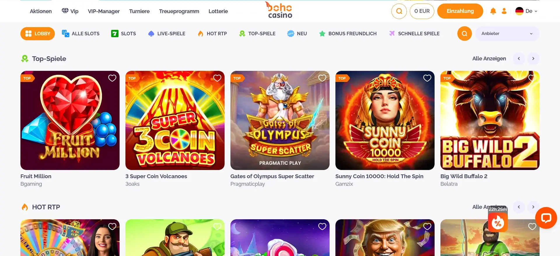 Boho Online Casino Lobby mit Top-Spielen