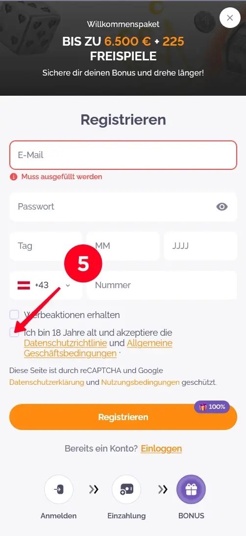 Boho Casino Registrierung mit AGB-Zustimmung