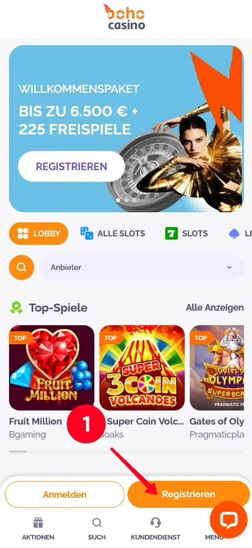 Boho Casino Startseite mit Registrieren-Button