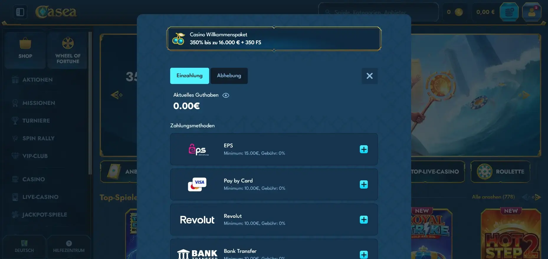 Casea Casino Einzahlung mit EPS