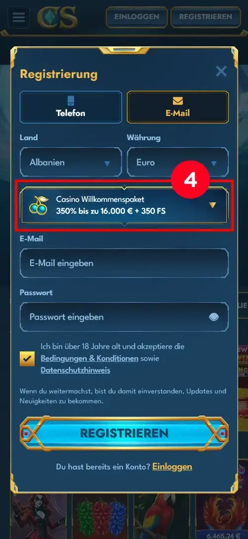 Casea Casino Registrierung Willkommenspaket auswaehlen
