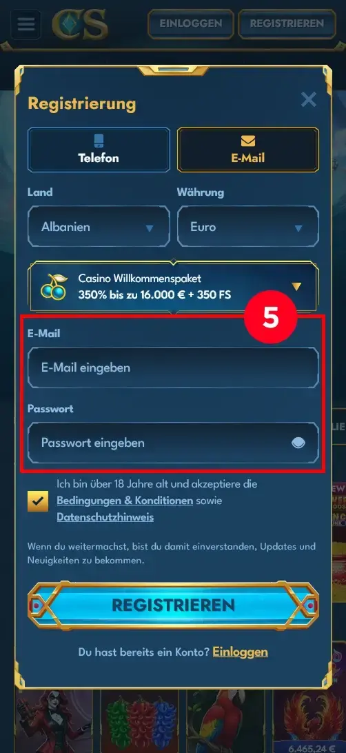 Casea Casino Registrierung E-Mail und Passwort eingeben