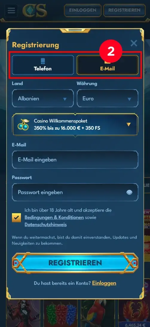 Casea Casino Registrierung per Telefon oder E-Mail