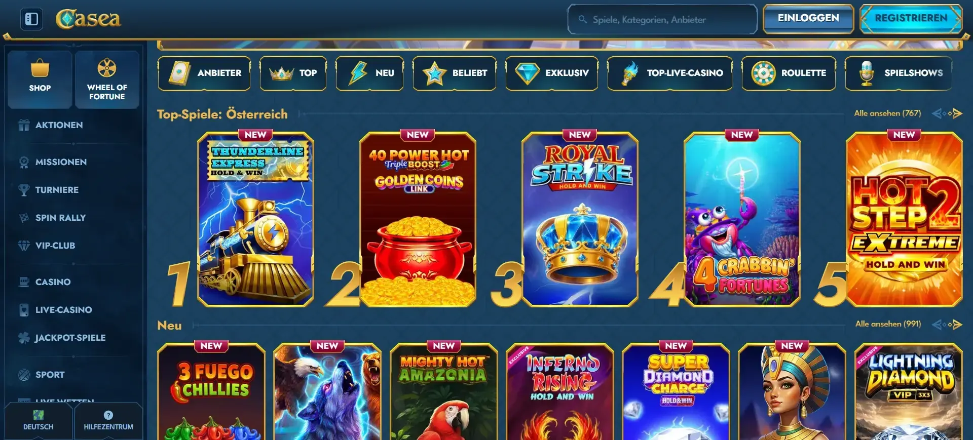 Casea Casino Top-Spiele mit neuen Slots