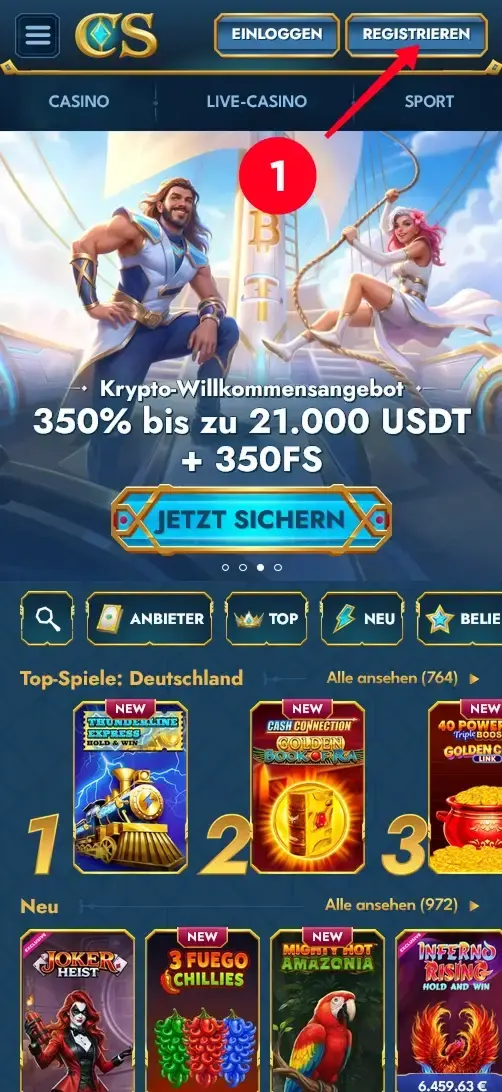 Casea Casino Startseite mit Krypto-Willkommensangebot