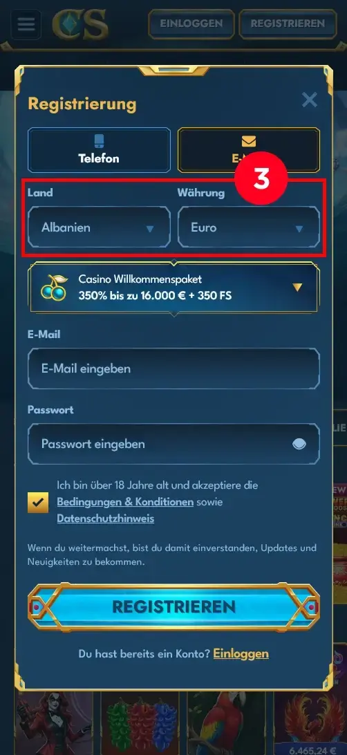 Casea Casino Registrierung Land und Waehrung auswaehlen