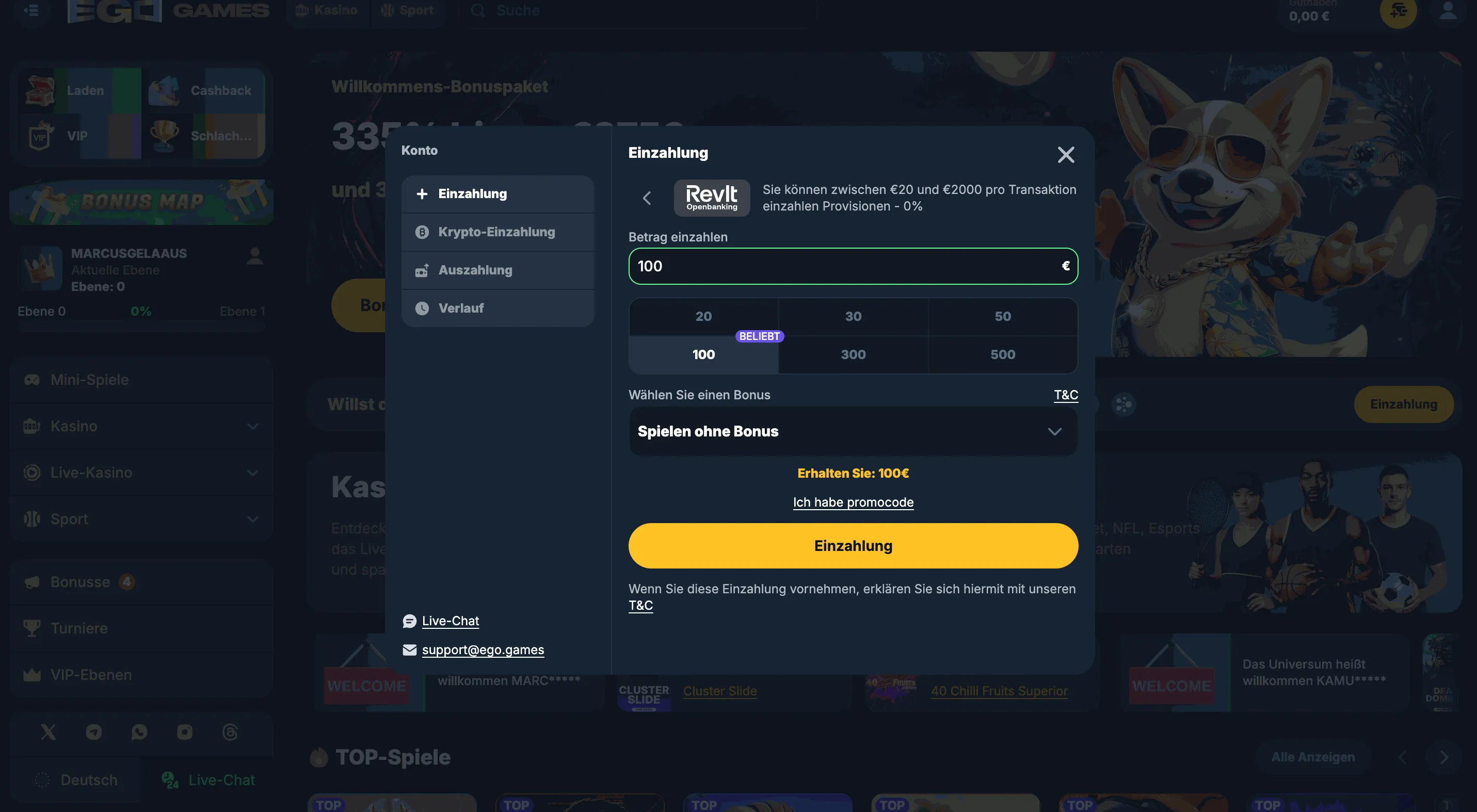Egogames Casino mit Revolut einzahlung