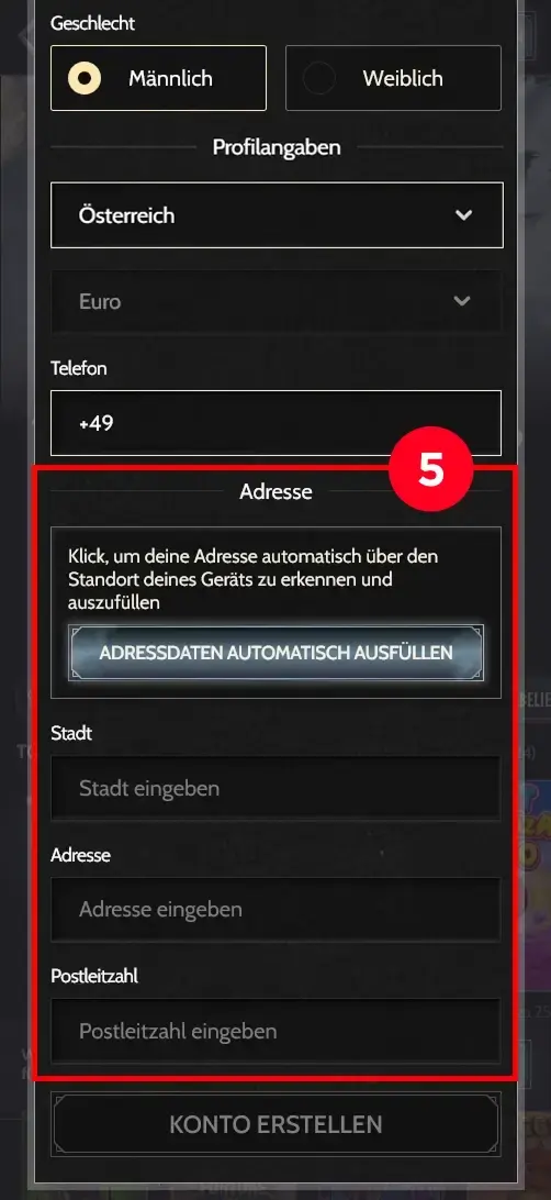Godz Casino Registrierung Adresse und Wohnort eingeben