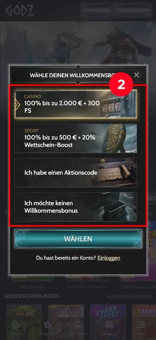 Godz Casino Willkommensbonus Auswahl bei der Registrierung