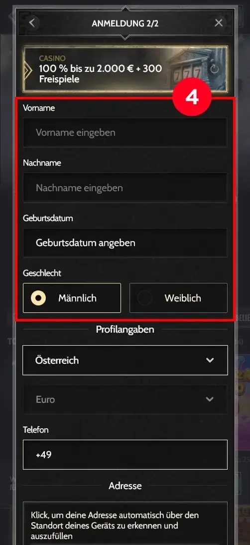 Godz Casino Registrierung persoenliche Daten eingeben