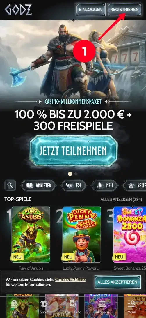 Godz Casino Startseite mit Willkommenspaket und Top-Spielen