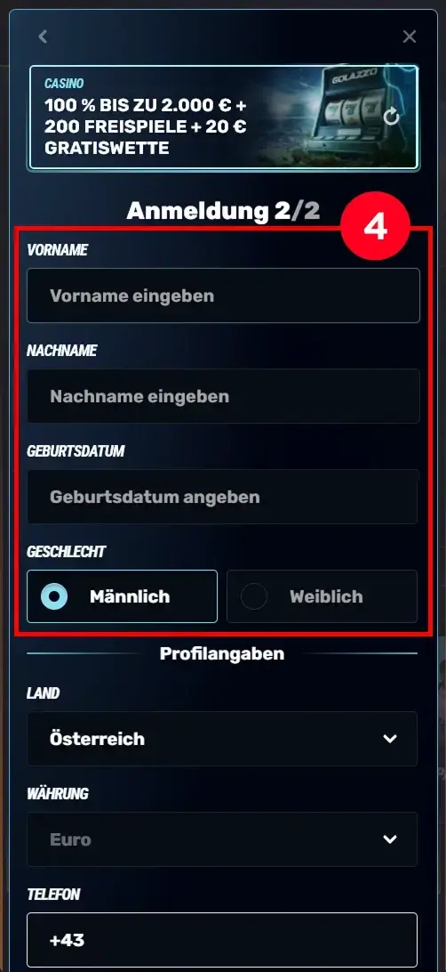 Golazzo Anmeldung Vorname Nachname und Geburtsdatum