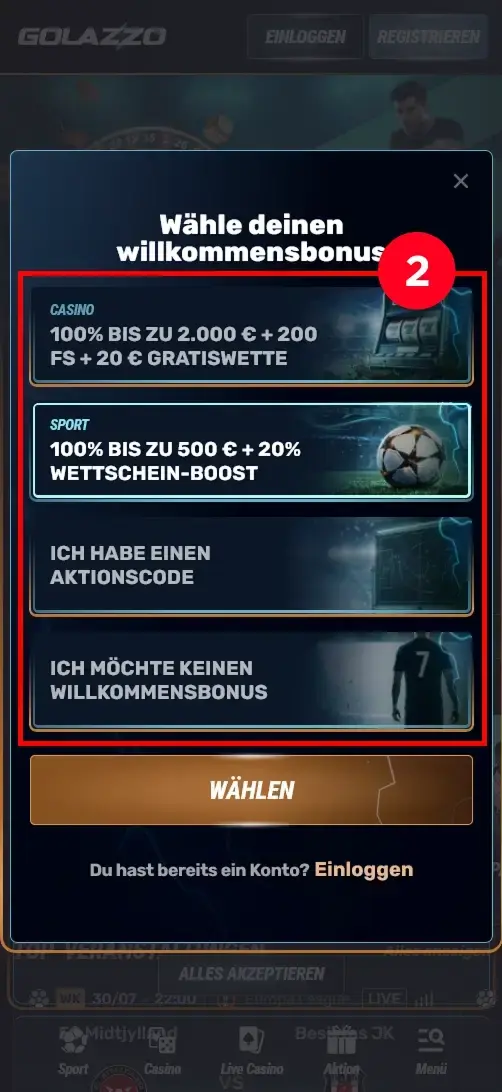 Golazzo Willkommensbonus fuer Casino und Sport auswaehlen