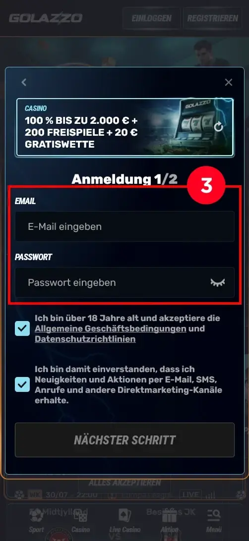 Golazzo Casino Registrierung E-Mail und Passwort eingeben