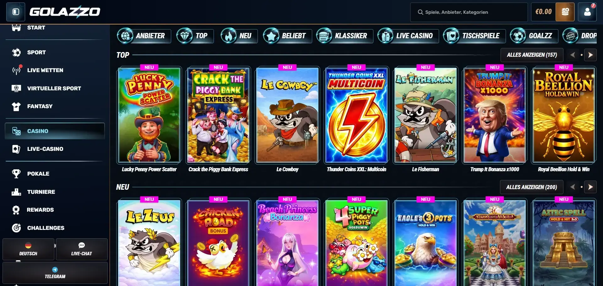 Golazzo Casino Spiellobby mit neuen Slots und Top-Titeln