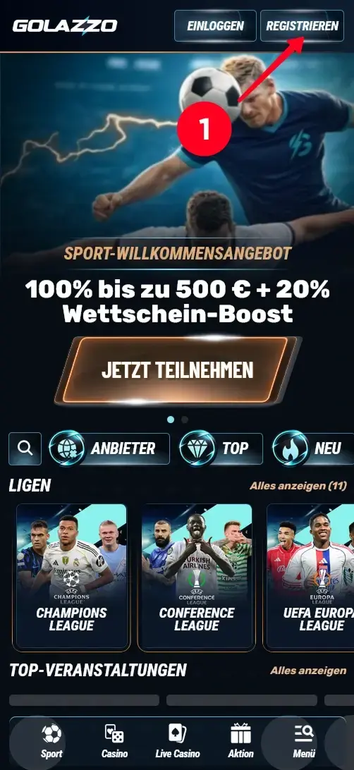 Golazzo Casino Startseite mit Sportwetten und Registrieren-Button