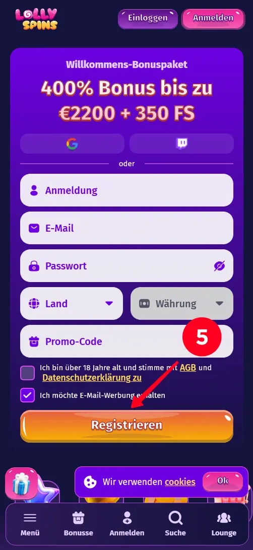 Lolly Spins Casino Registrierung abschliessen