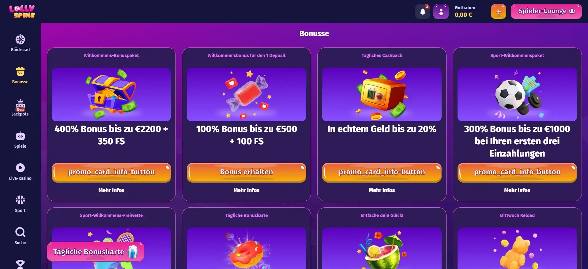 Lolly Spins Casino Bonusseite mit Willkommenspaket und Cashback