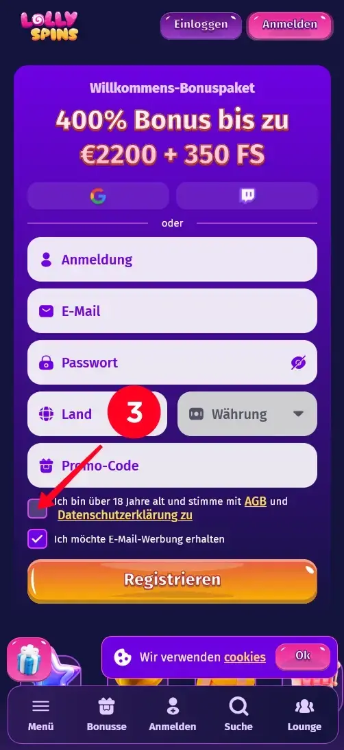 Lolly Spins Casino Registrierung AGB-Zustimmung