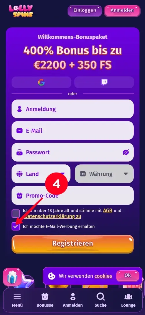 Lolly Spins Casino Registrierung Einwilligung zur E-Mail-Werbung