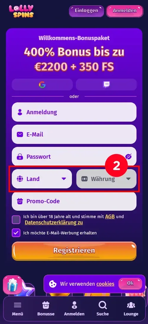 Lolly Spins Casino Registrierung Land und Währung auswählen
