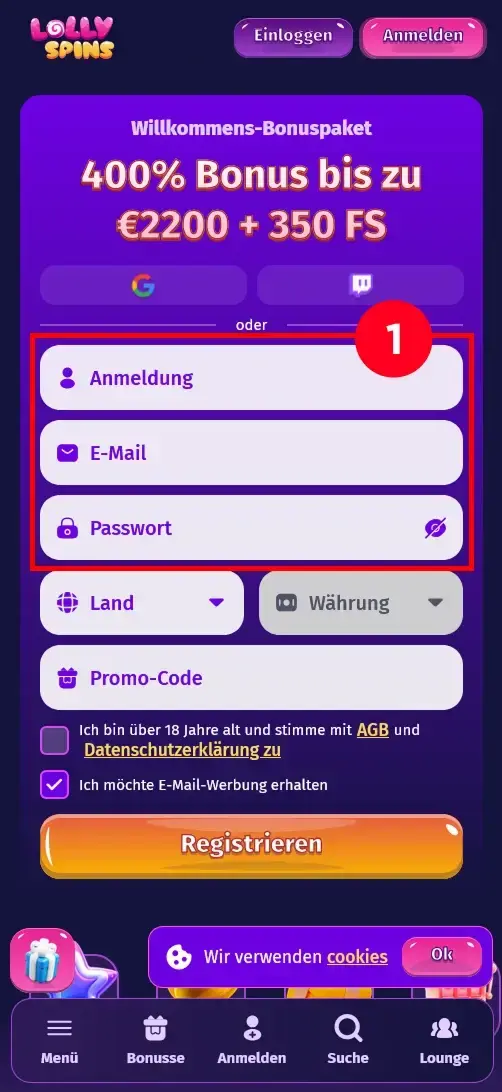 Lolly Spins Casino Registrierung Zugangsdaten eingeben