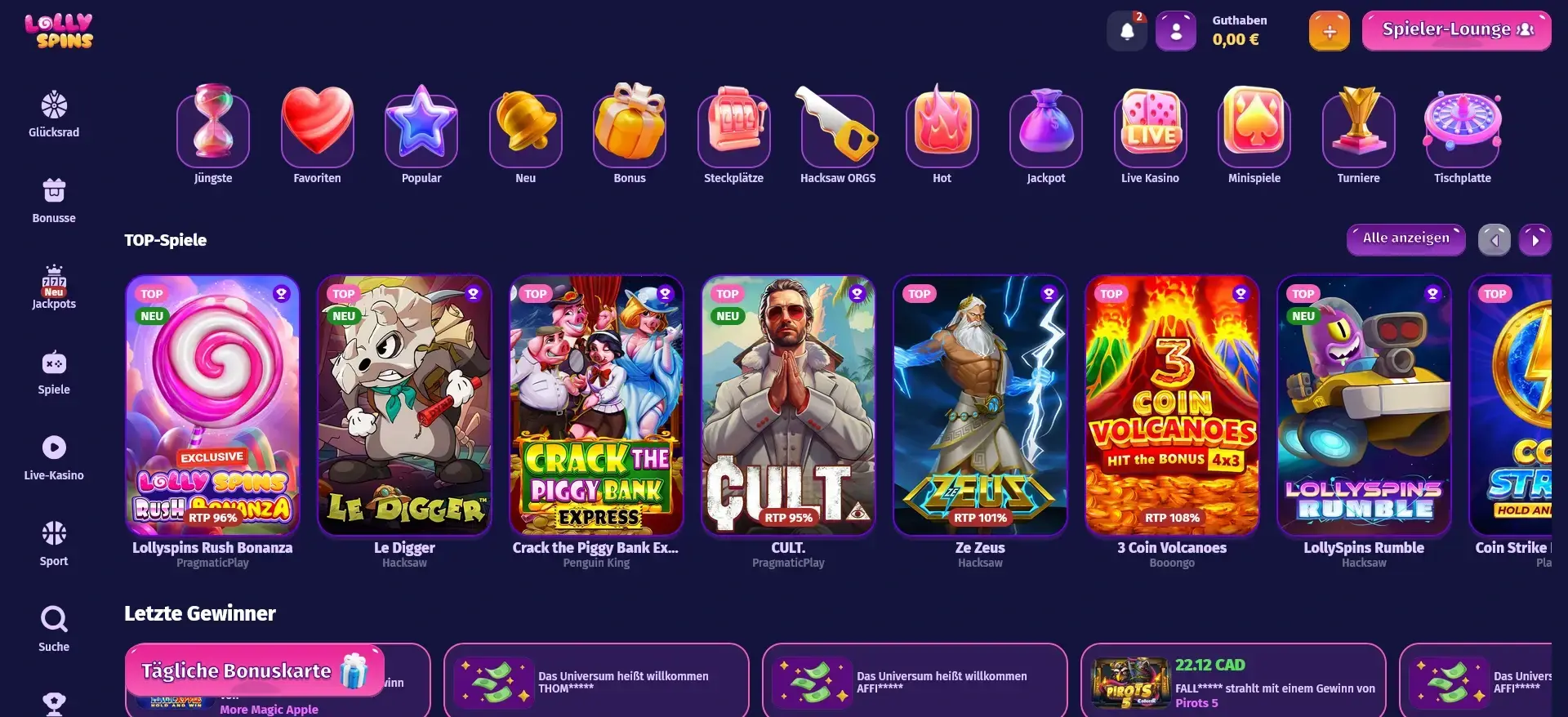 Lolly Spins Casino Spiellobby mit Top-Spielen und Kategorien