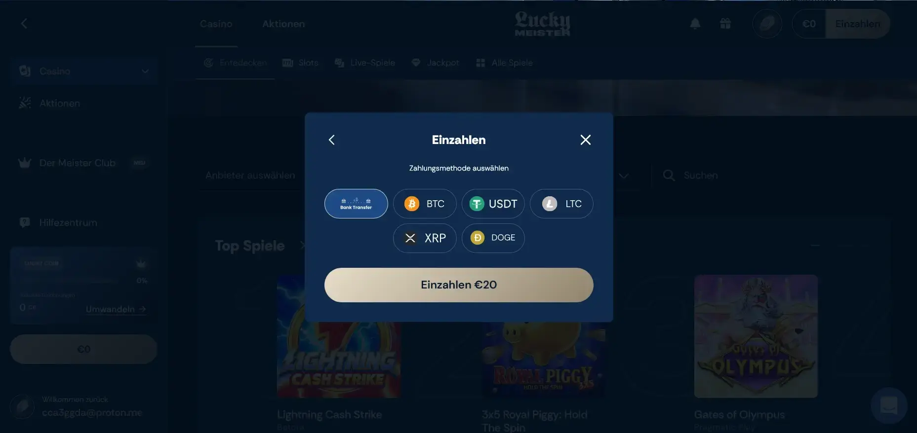 Lucky Meister Casino Einzahlung per Bankueberweisung und Krypto