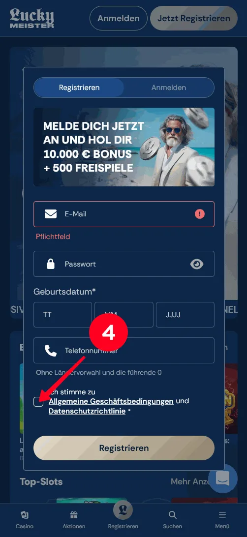 Lucky Meister Casino Registrierung AGB und Datenschutz akzeptieren