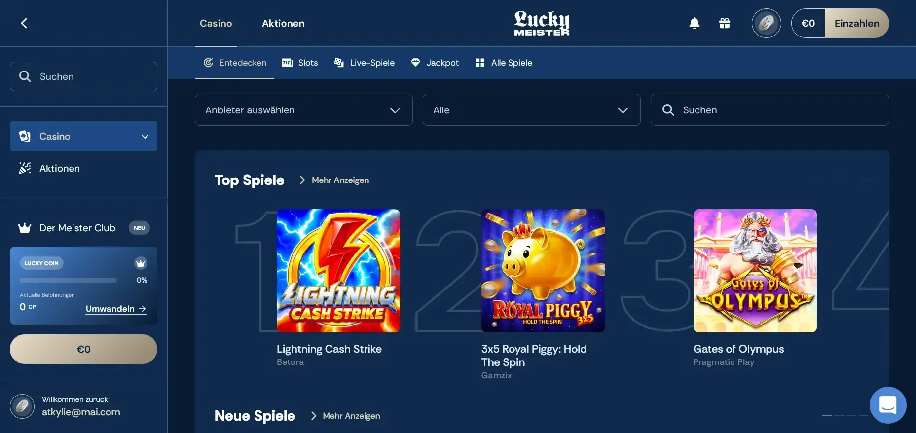 Lucky Meister Casino Spiellobby mit Top-Spielen