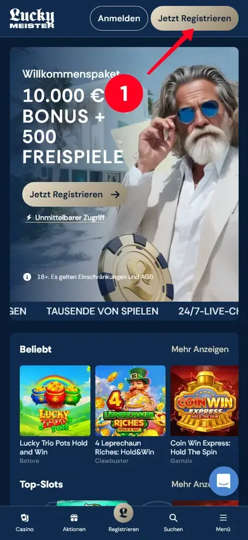 Lucky Meister Casino Startseite mit Willkommensbonus und Registrieren-Button