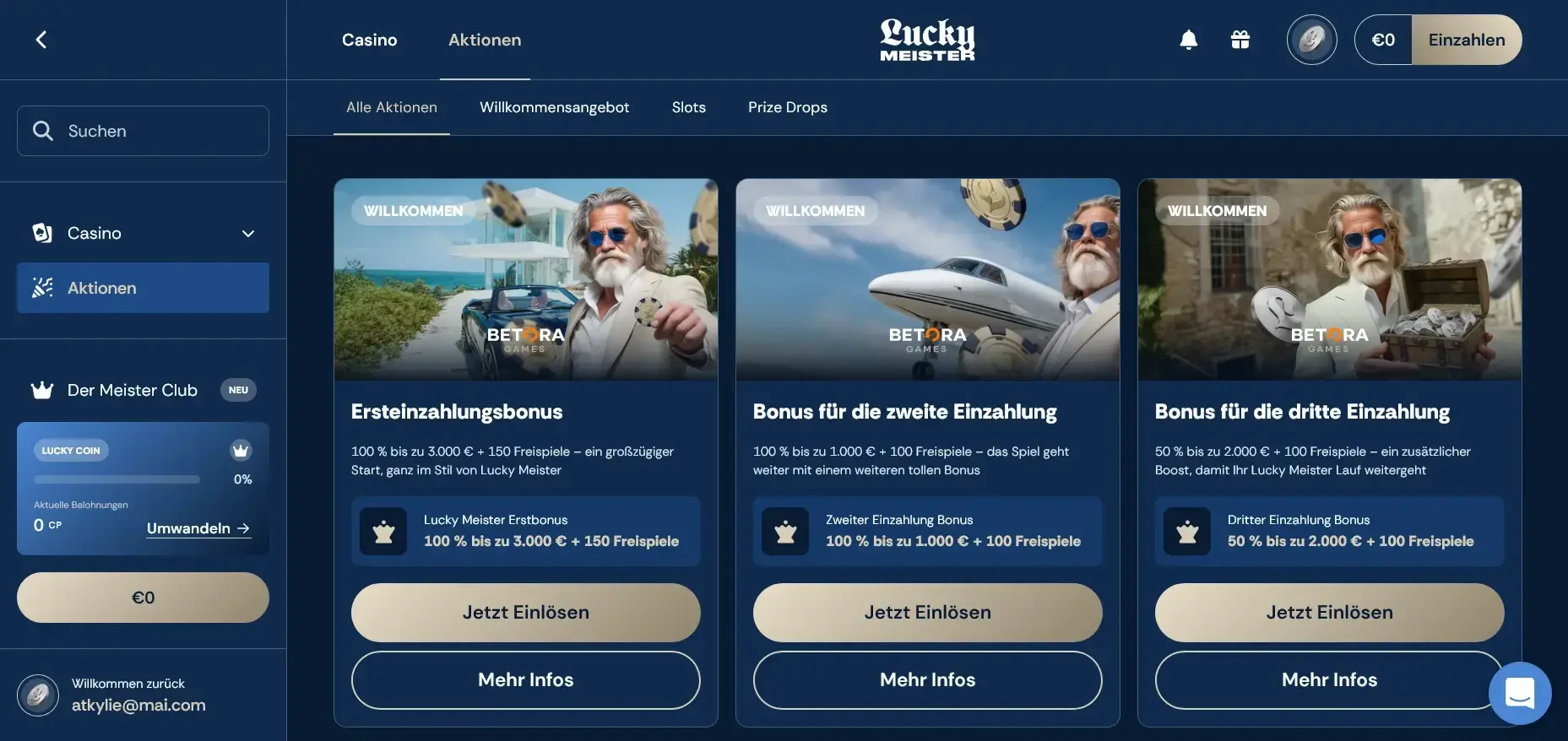 Lucky Meister Casino Willkommensboni fuer drei Einzahlungen