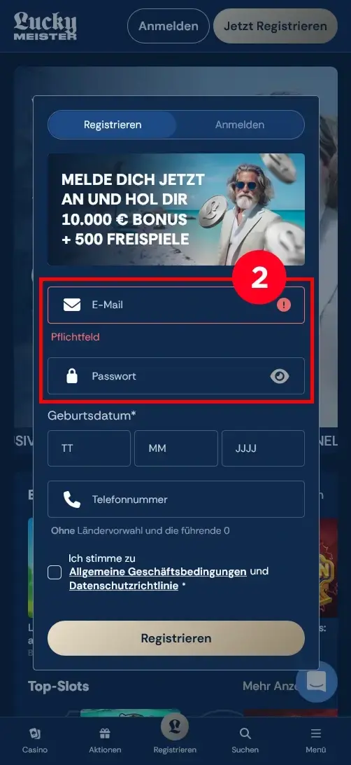 Lucky Meister Casino Registrierung E-Mail und Passwort eingeben