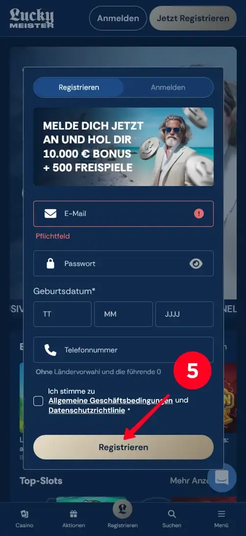 Lucky Meister Casino Registrierung abschliessen