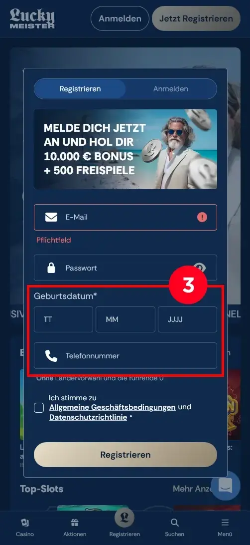 Lucky Meister Casino Registrierung Geburtsdatum und Telefonnummer