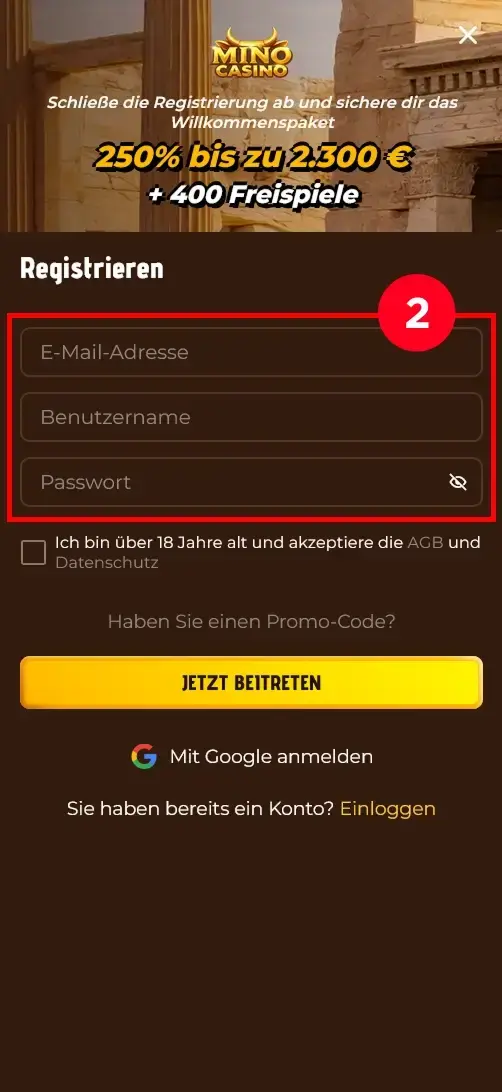 Mino Casino Anmeldung mit E-Mail und Passwort
