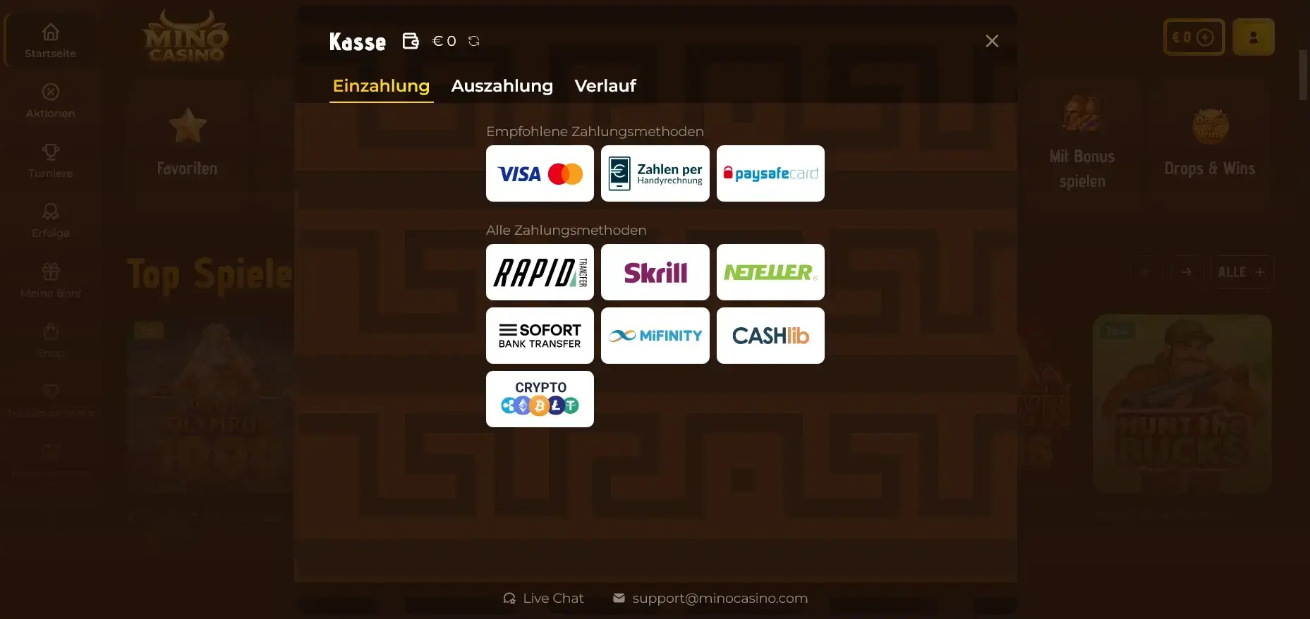 Mino Casino Kasse mit Zahlungsmethoden