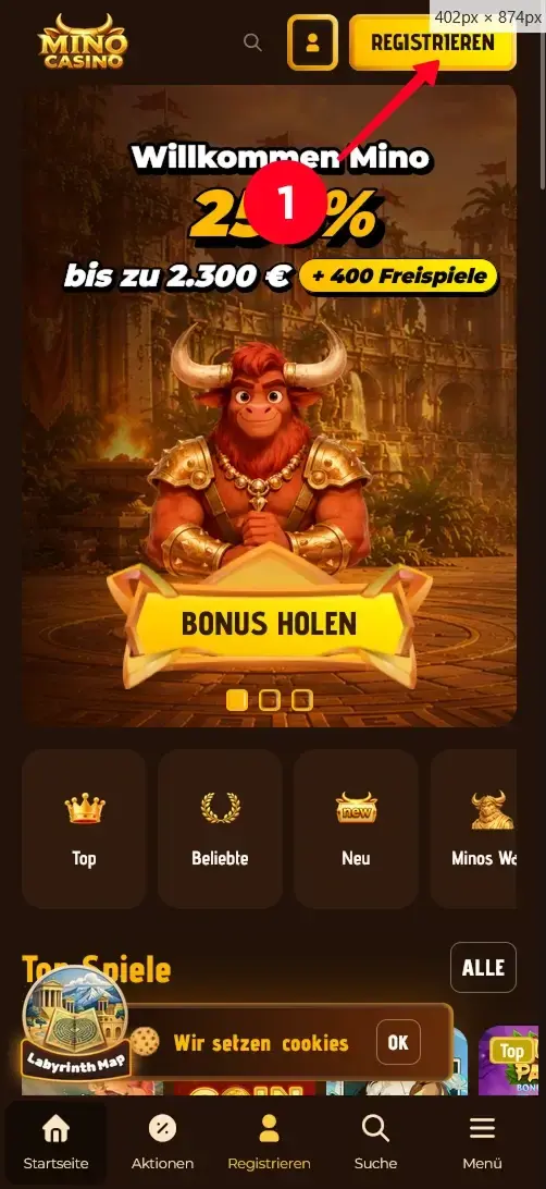 Mino Casino Startseite mit Registrieren-Button
