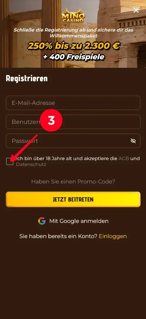 Mino Casino Registrierung mit Zustimmung zu AGB