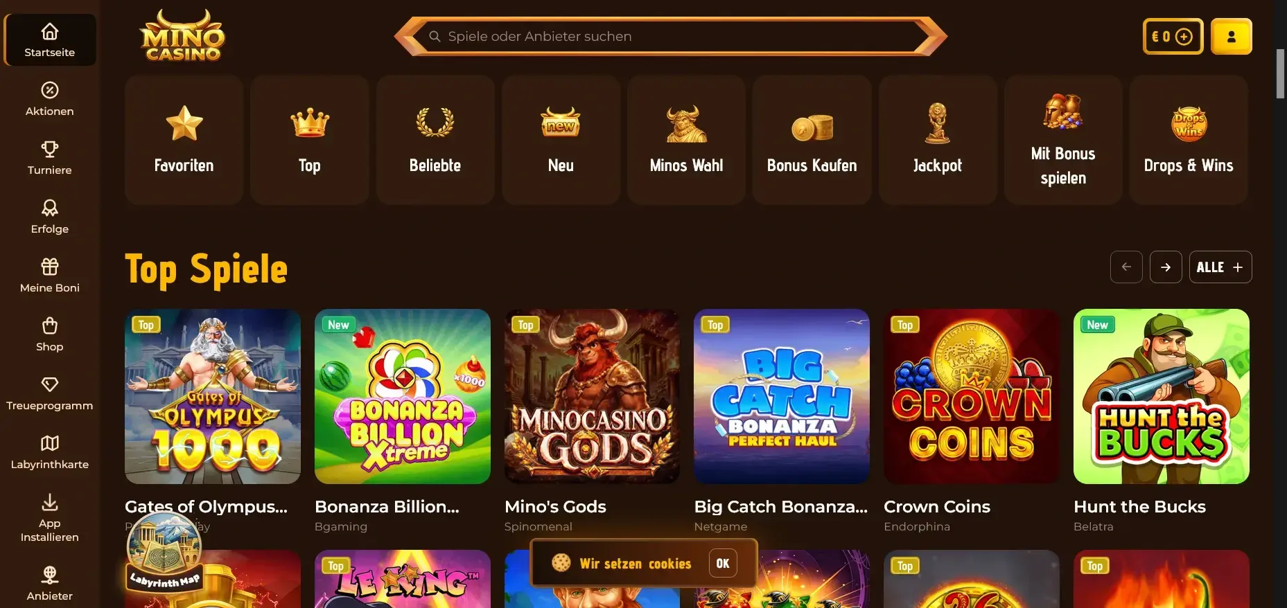 Mino Casino Startseite mit Top Spielen
