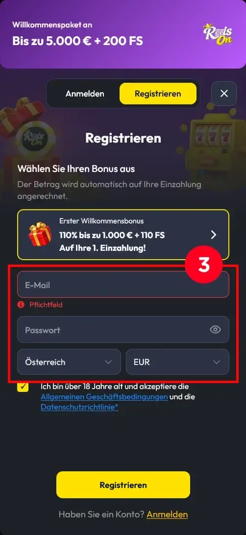 ReelsOn Anmeldung E-Mail Passwort und Land auswaehlen