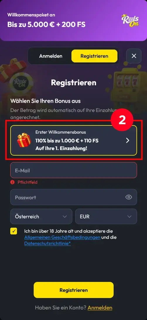 ReelsOn Willkommensbonus von 110% bis zu 1.000€ auswaehlen