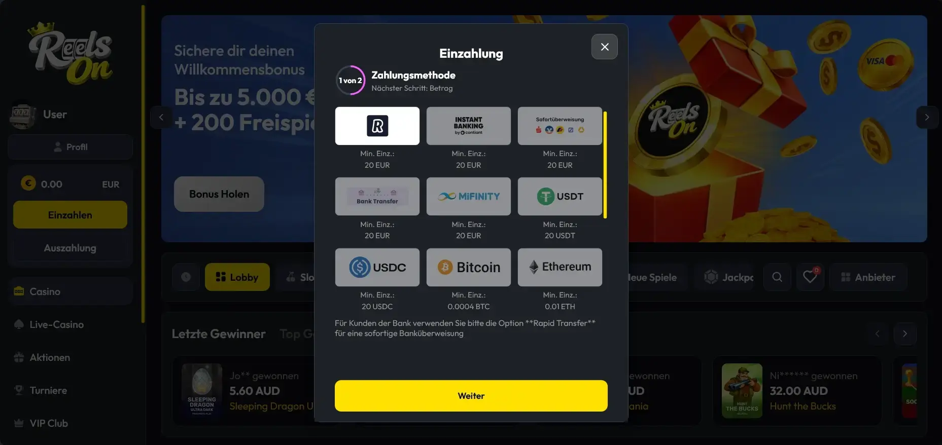 ReelsOn Casino Zahlungsmethoden Auswahl